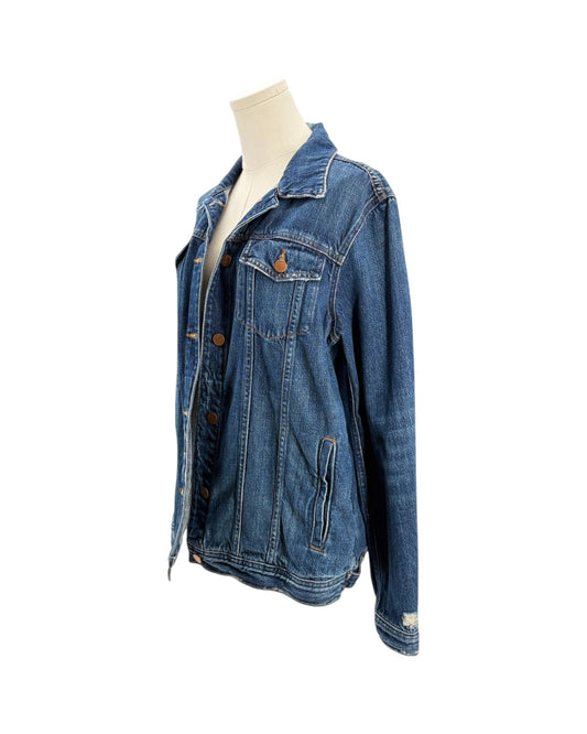 Blue denim jacket on a mannequin against a white background