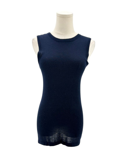 Navy blue sleeveless top on a mannequin against a white background