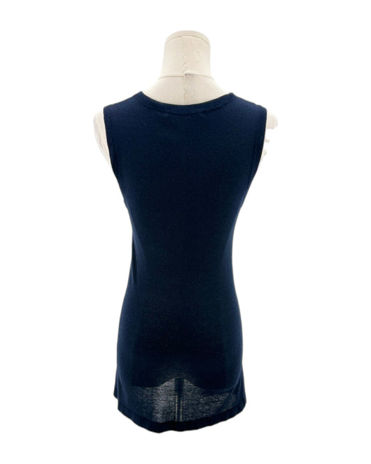 Navy blue sleeveless top on a mannequin against a white background