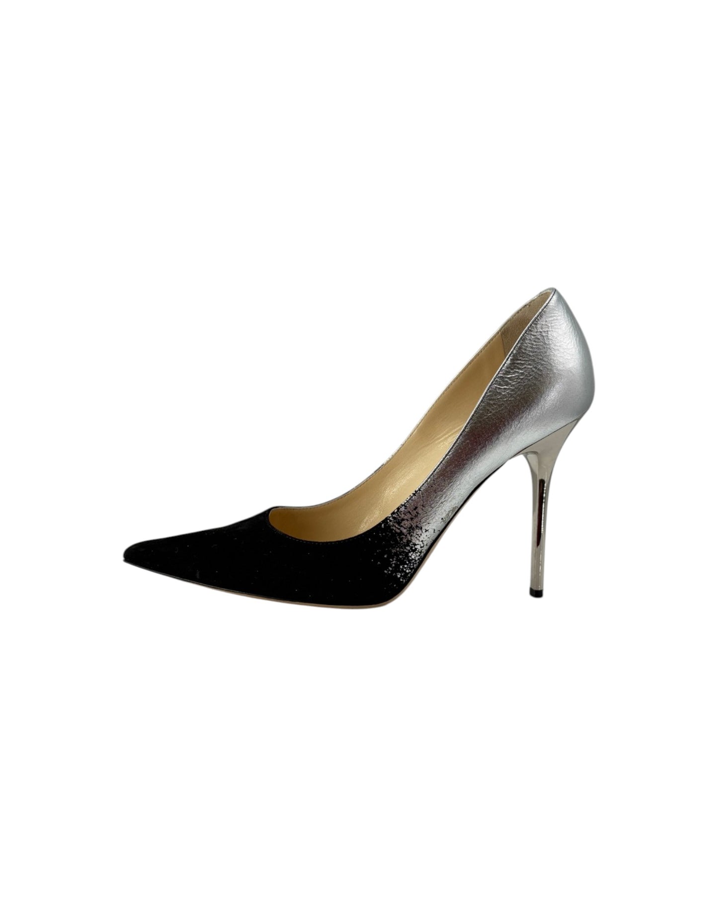 A metallic silver and black pointed-toe high heel pump shown from a side profile on a clean white background.