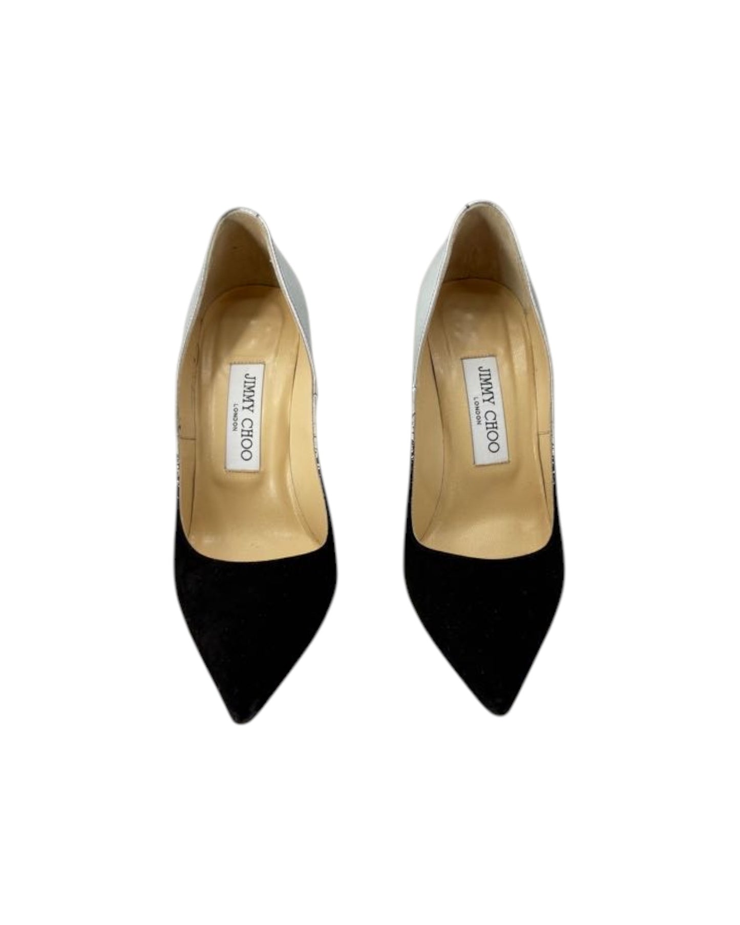 A pair of Jimmy Chono pointed-toe pumps with black velvet uppers and metallic silver patent leather sides, shown from a top-down view on a white background.
