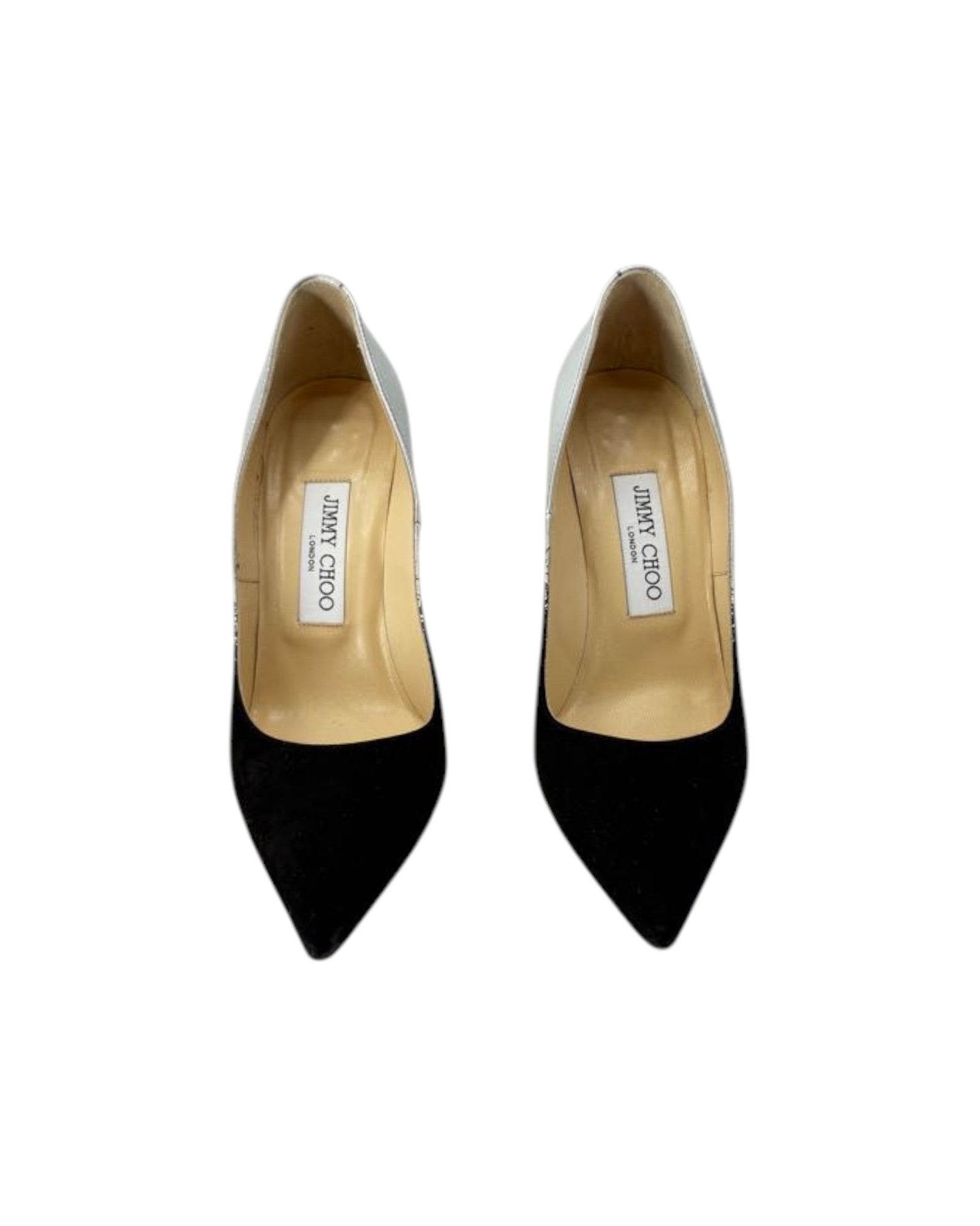 A pair of Jimmy Chono pointed-toe pumps with black velvet uppers and metallic silver patent leather sides, shown from a top-down view on a white background.