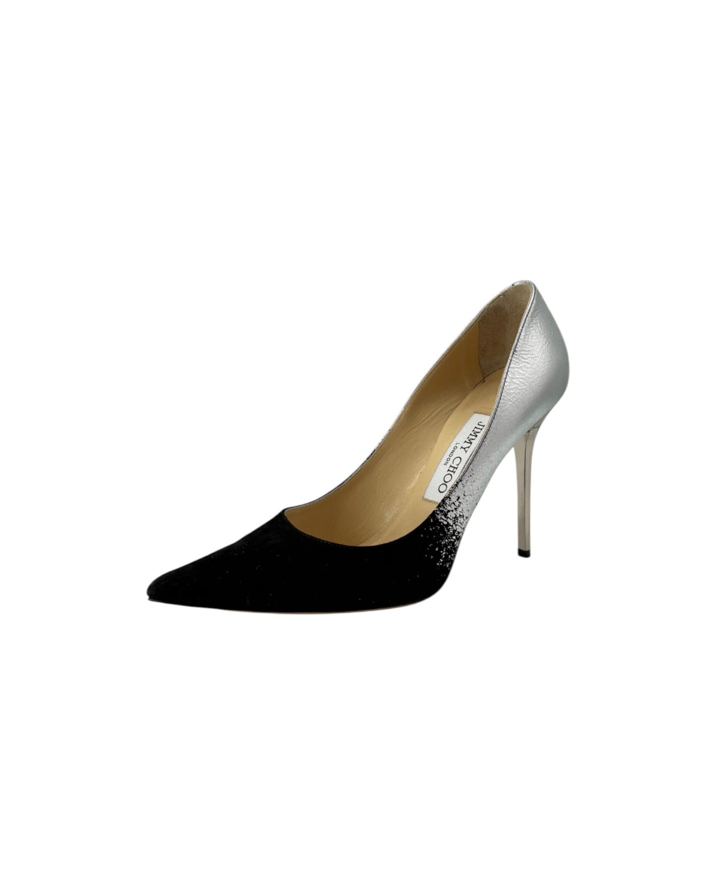 A single high-heeled pump shoe by Jimmy Choo, featuring a black velvet toe and upper with a silver metallic glitter heel, on a plain white background.