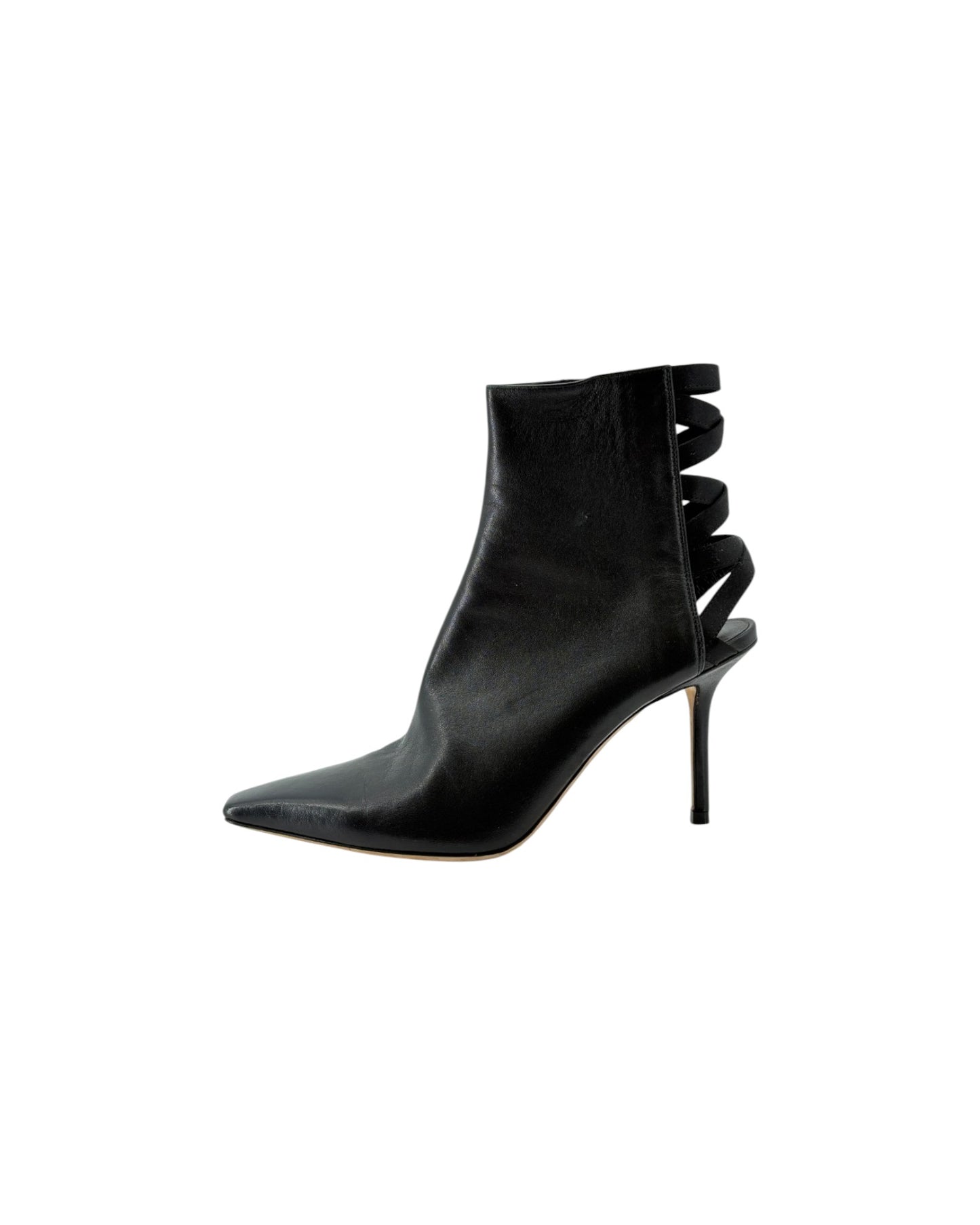 Black ankle boot with a stiletto heel on a white background
