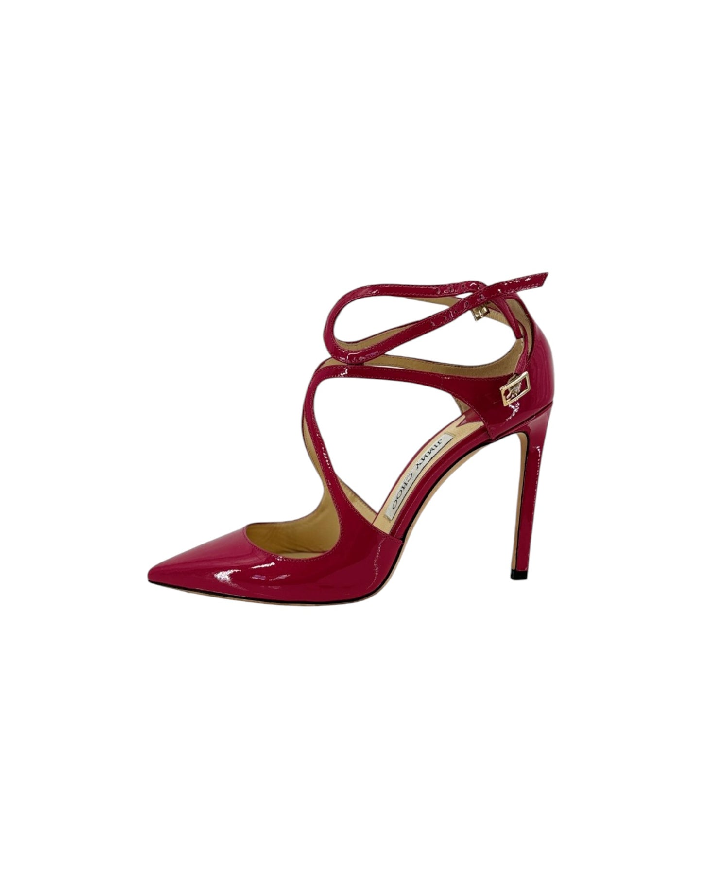 A single glossy patent leather high-heeled pump in a deep magenta-red color, featuring a pointed toe, criss-cross ankle straps, and a slim stiletto heel, shown against a plain white background.