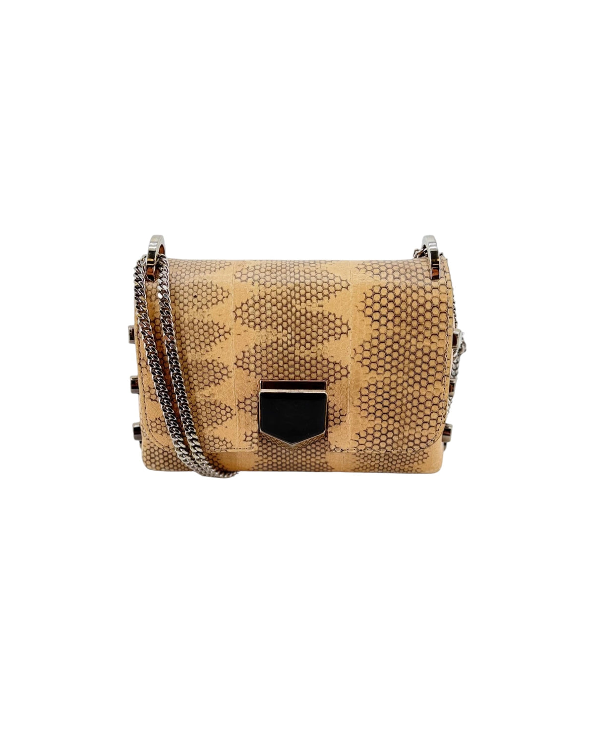 Genuine Python / Snake leather handbag with silver chain hardware and strap on a white background