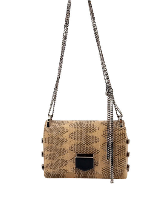 Genuine Python / Snake leather handbag with silver chain hardware and strap on a white background