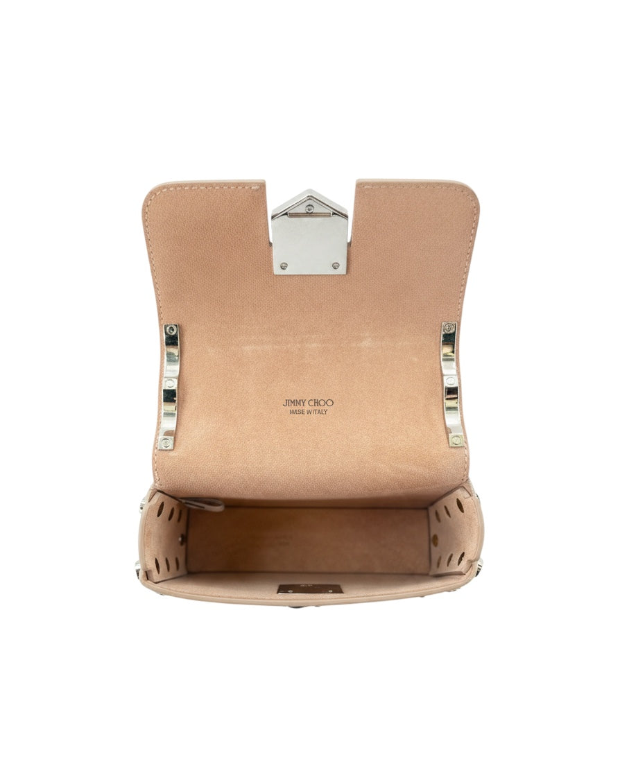 Genuine Python / Snake leather handbag with silver chain hardware and strap on a white background