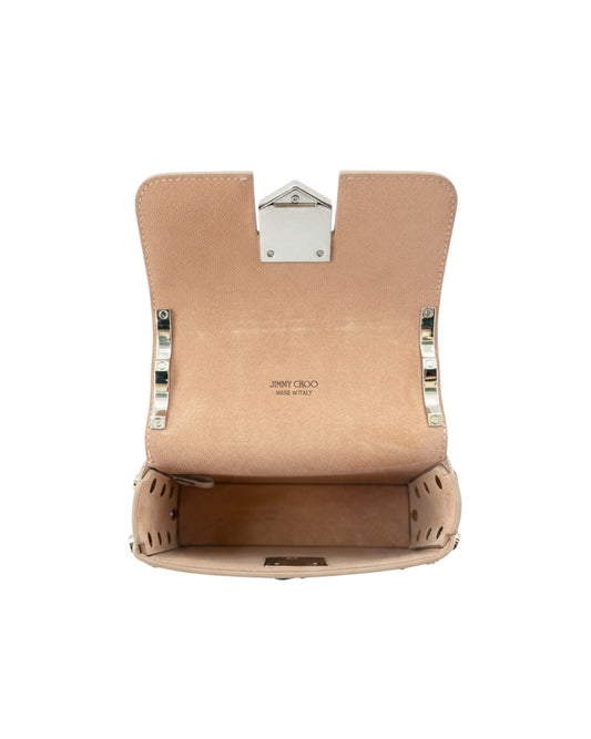 Genuine Python / Snake leather handbag with silver chain hardware and strap on a white background