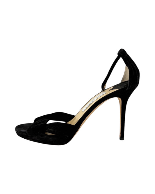 Jimmy Choo black high-heeled sandal on a white background