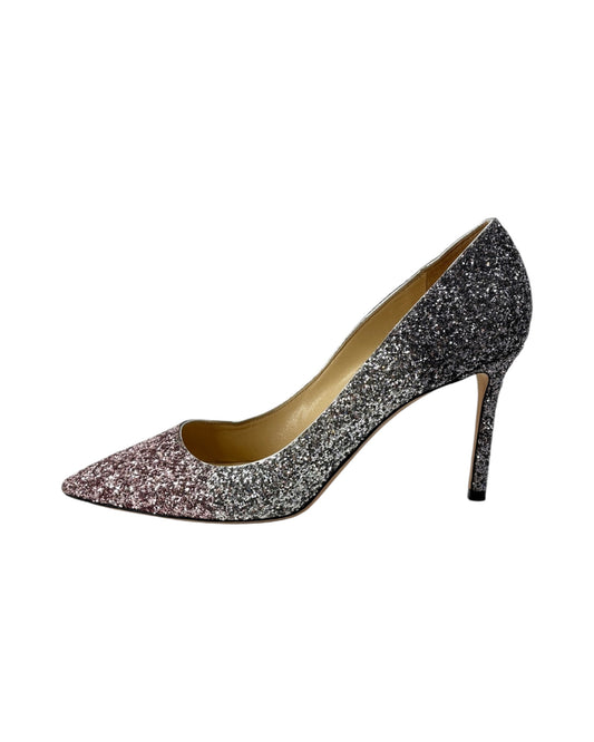 Sparkly high-heeled shoe on a white background