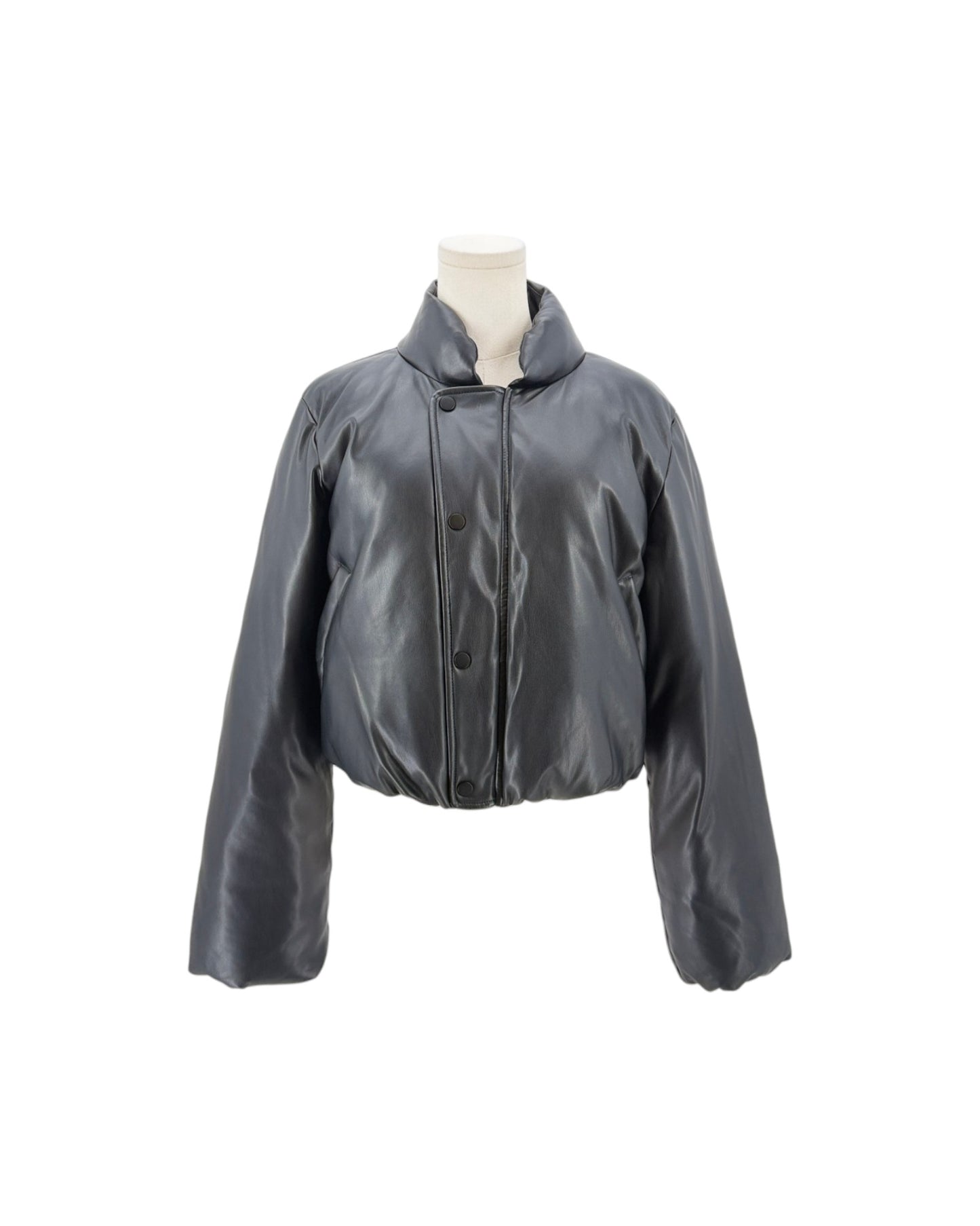 A cropped, shiny dark gray jacket with a stand collar and front button closure, displayed on a mannequin torso against a plain white background.