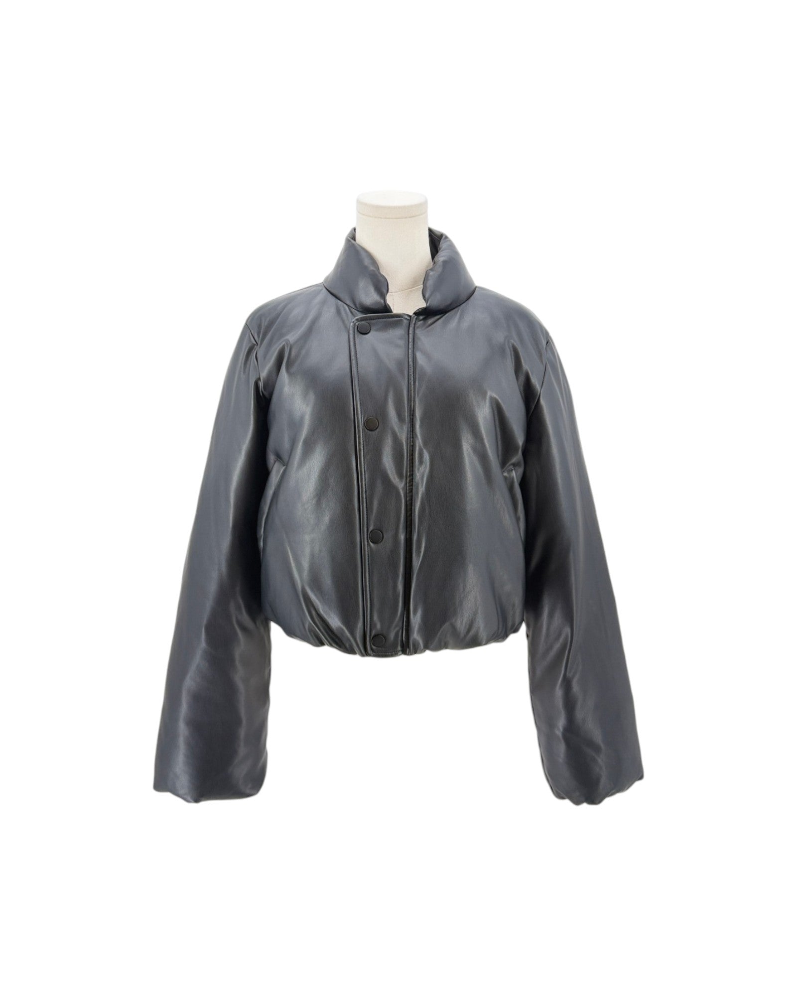 A cropped, shiny dark gray jacket with a stand collar and front button closure, displayed on a mannequin torso against a plain white background.