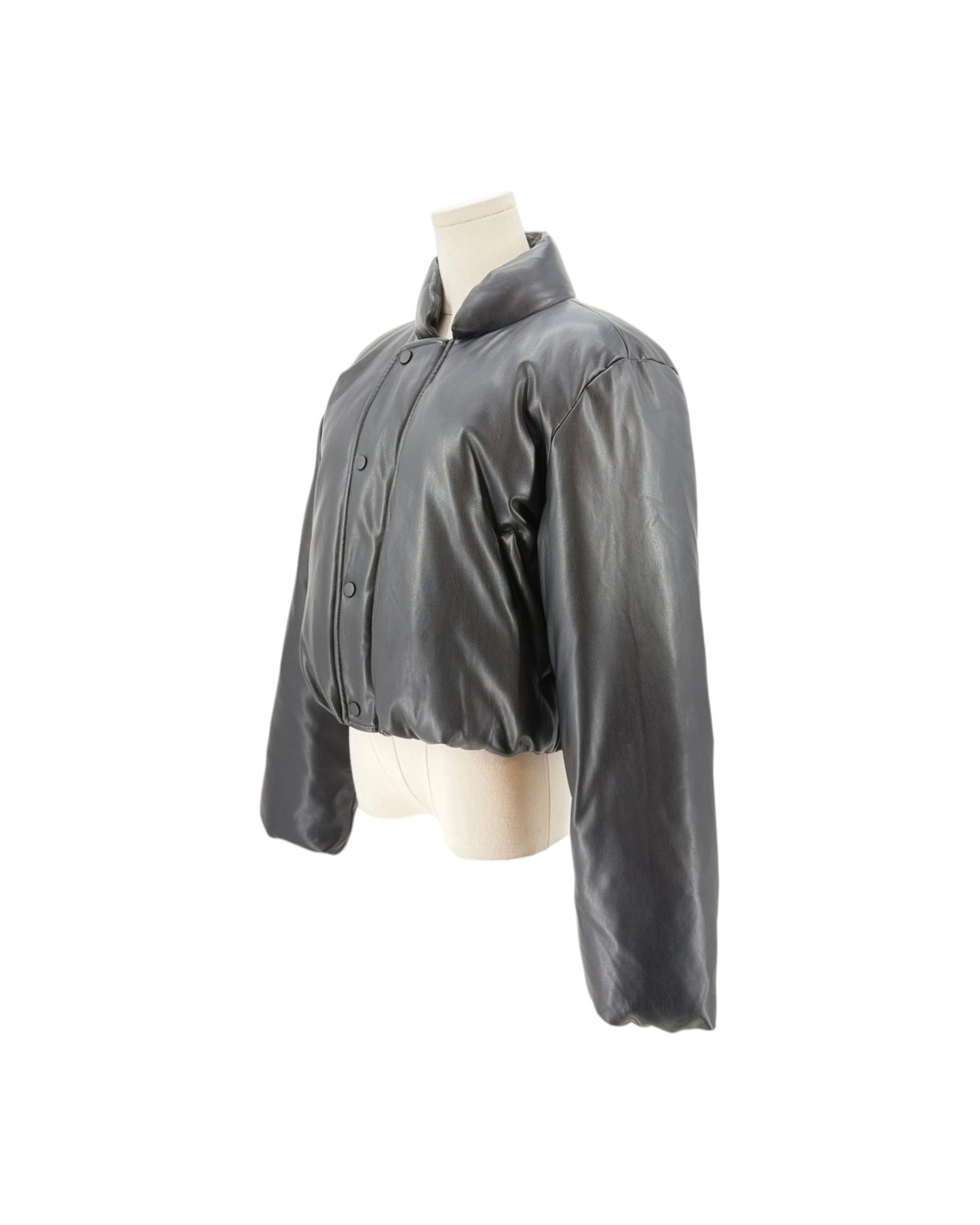 A cropped black leather jacket with a high collar and button front, displayed on a cream-colored mannequin torso against a plain white background.