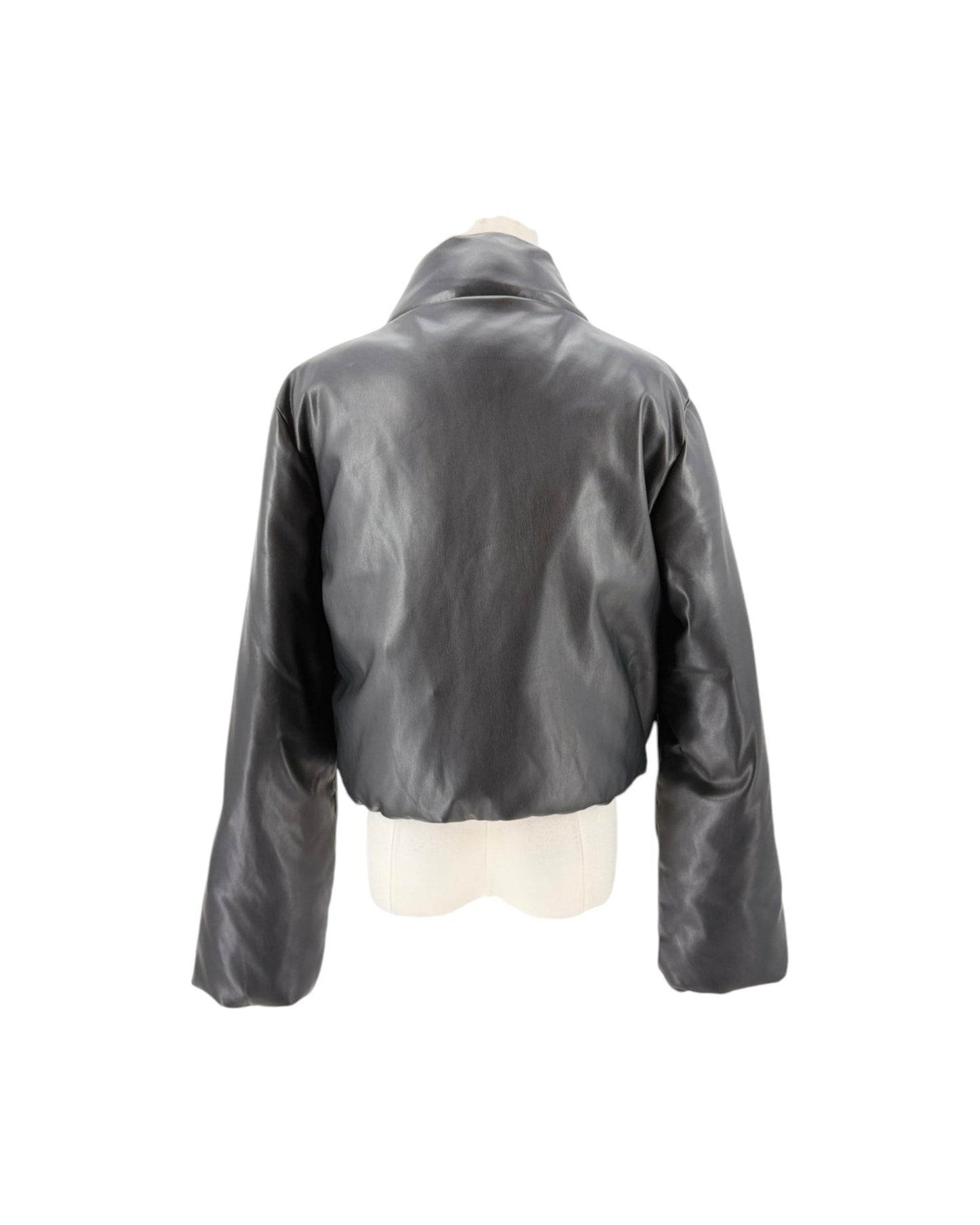 A black cropped leather jacket with a high collar, displayed on a mannequin torso against a plain white background.