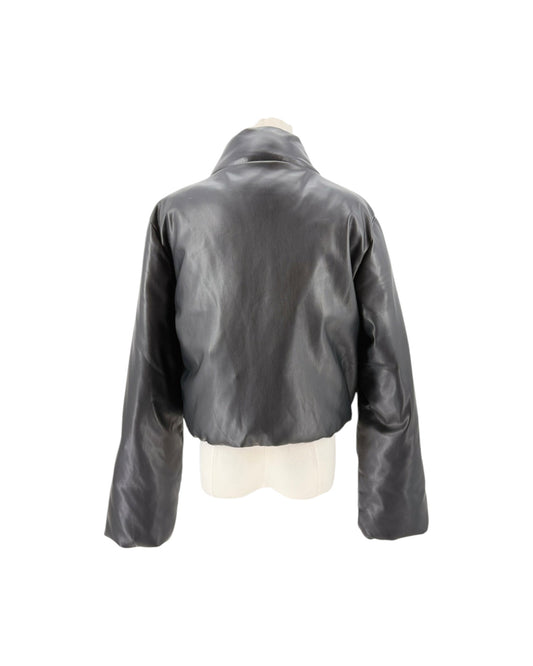 A black cropped leather jacket with a high collar, displayed on a mannequin torso against a plain white background.