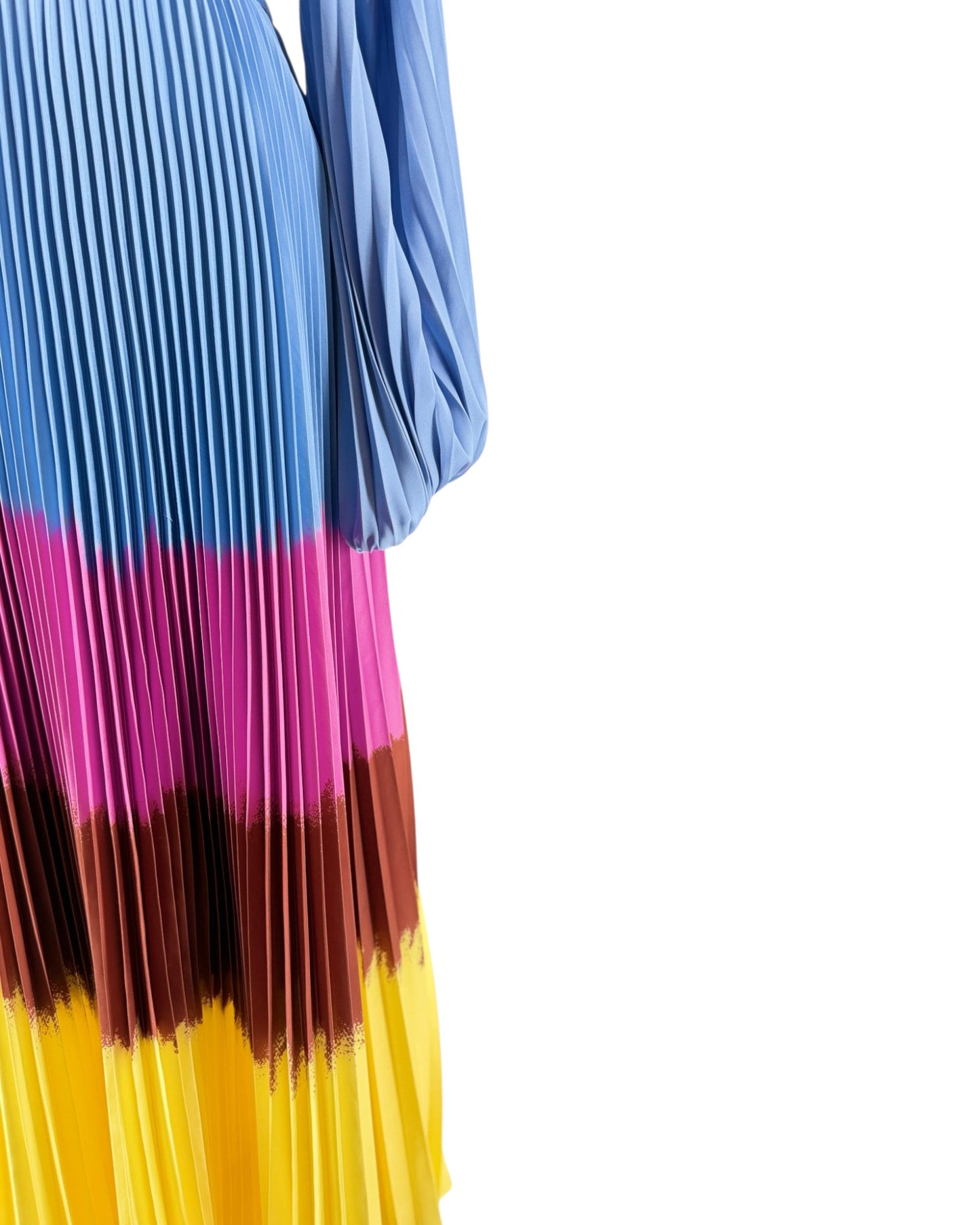 Colorful pleated skirt with blue, pink, red, and yellow layers on a white background