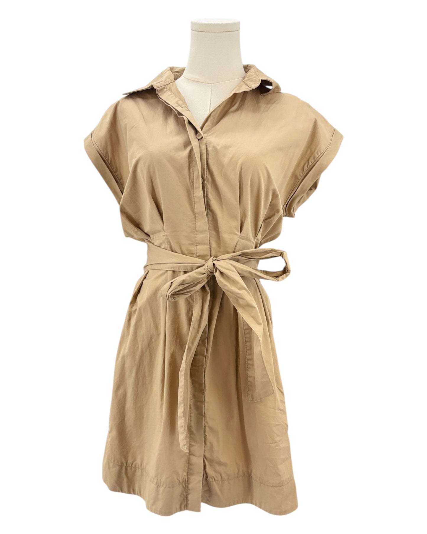 Beige mini dress on a mannequin against a white background