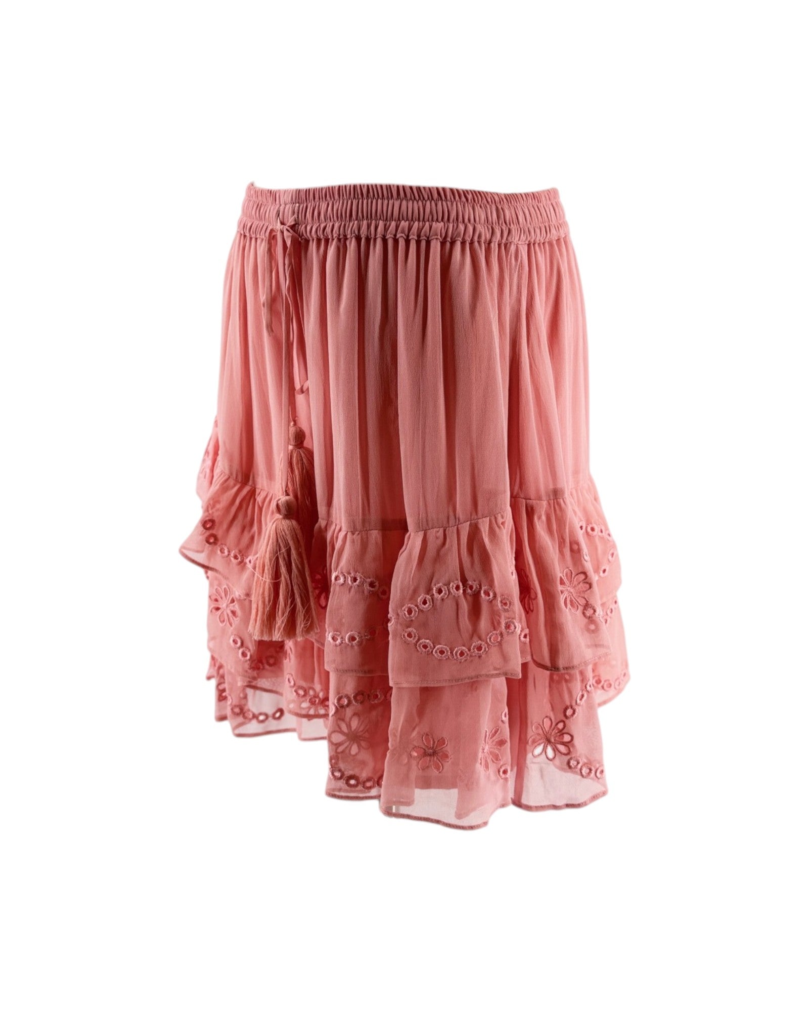 Pink skirt with layered design and lace details on a white background