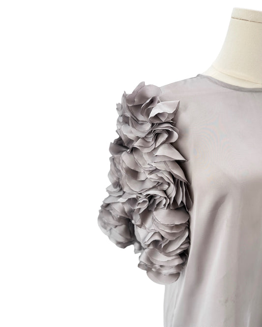 Kiki Vargas Grey Rose Petal Sleeve Top