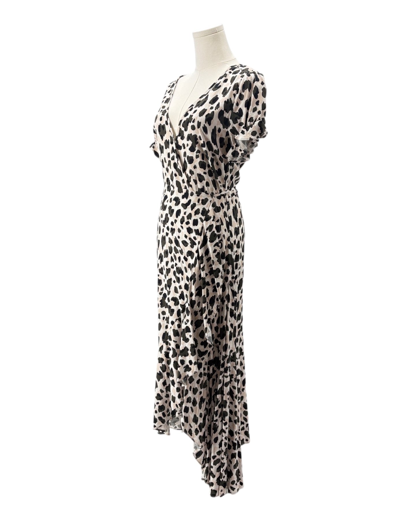 Leopard print dress on a mannequin against a white background
