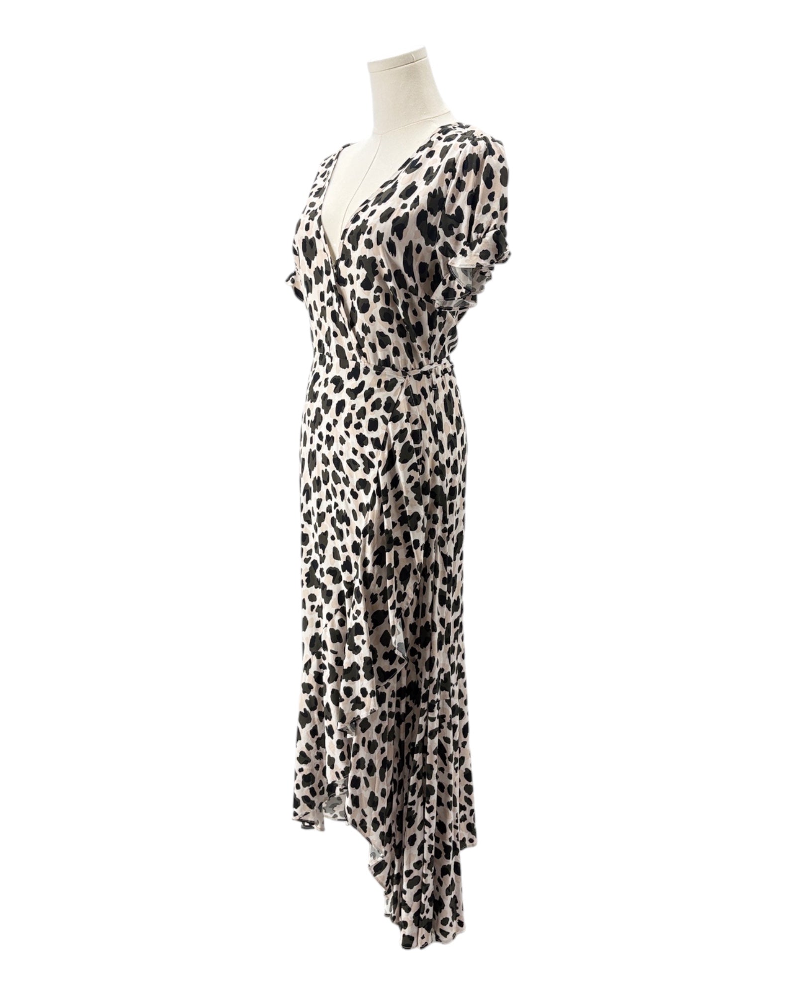 Leopard print dress on a mannequin against a white background