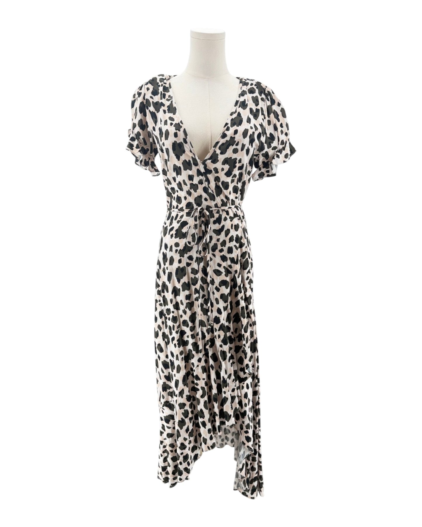 Leopard print dress on a mannequin against a white background