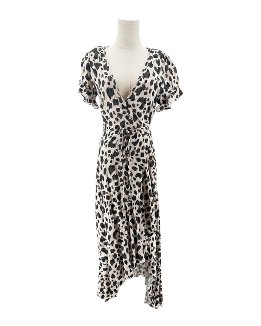 Leopard print dress on a mannequin against a white background