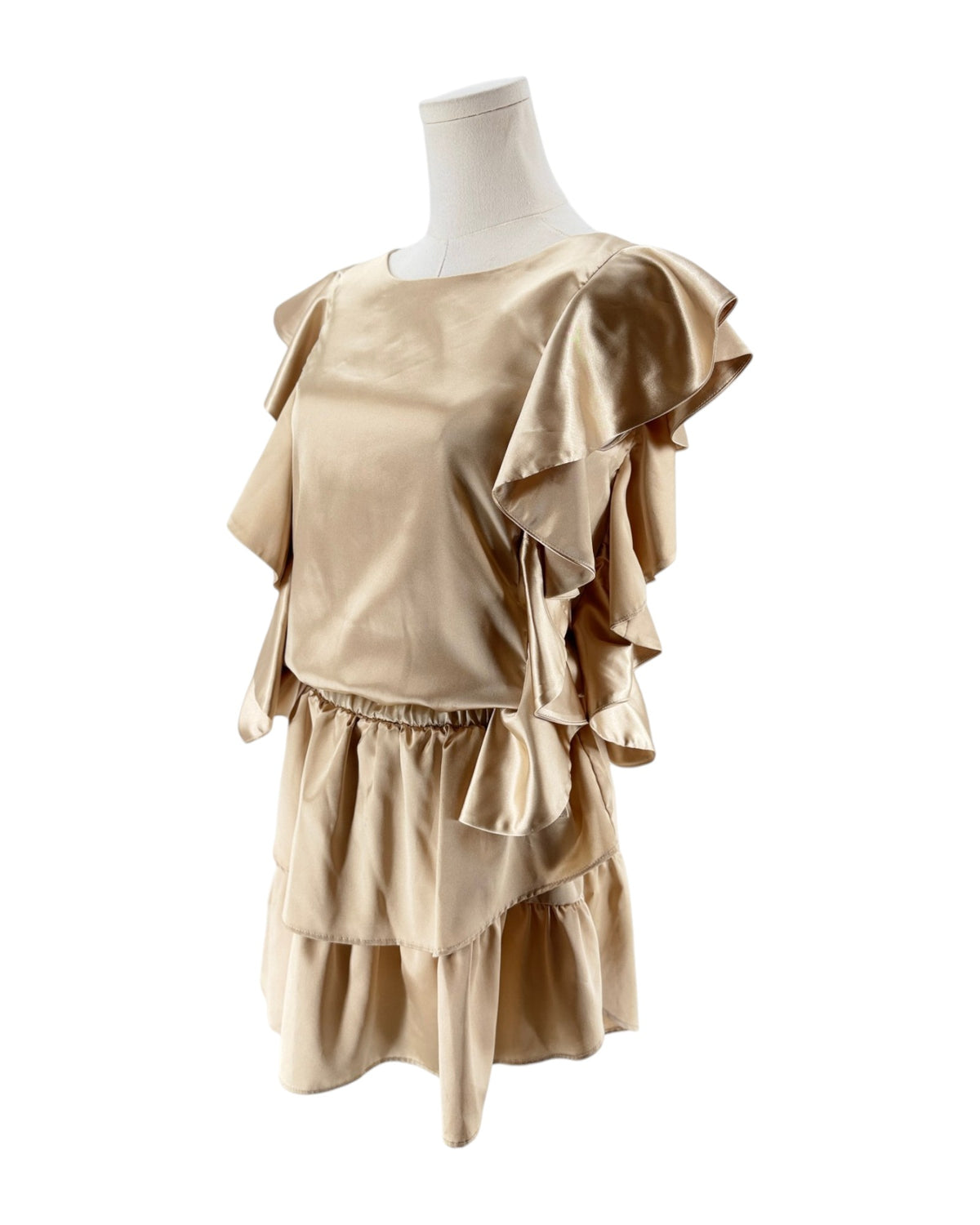 A beige satin-like ruffled top displayed on a mannequin torso against a plain white background.