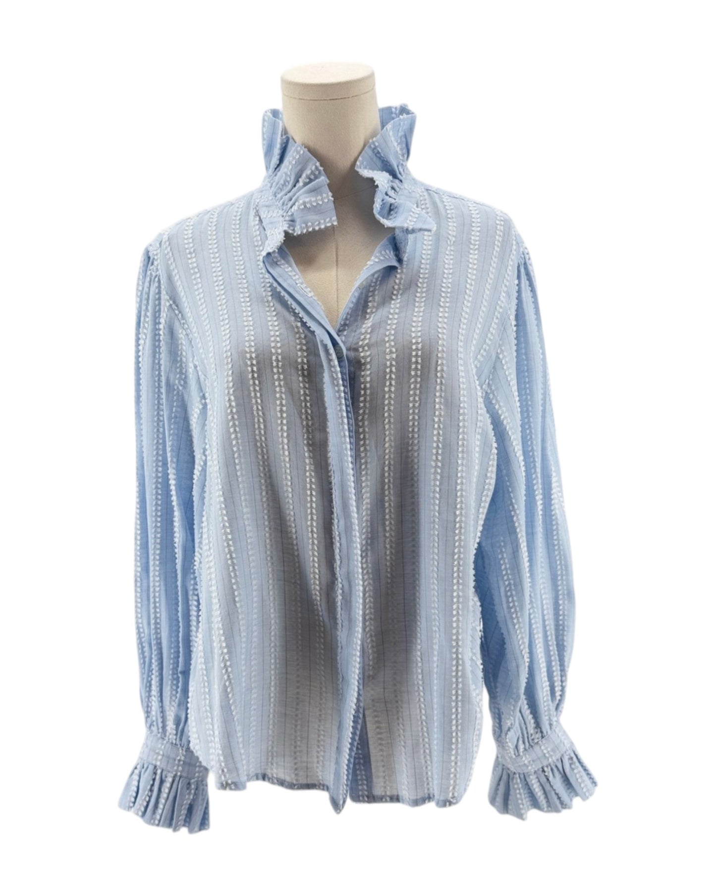 Light blue ruffled blouse on a mannequin against a white background