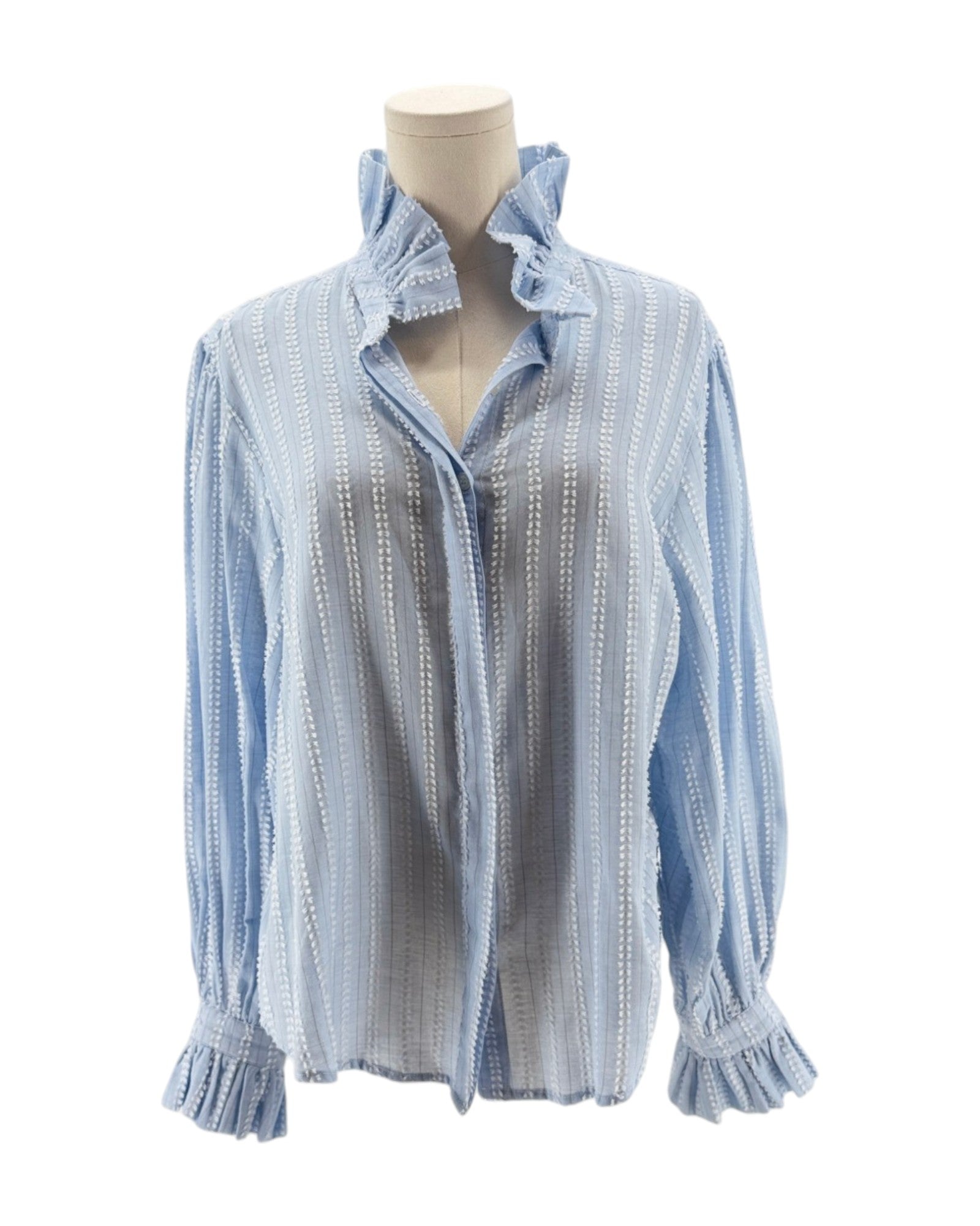 Light blue ruffled blouse on a mannequin against a white background
