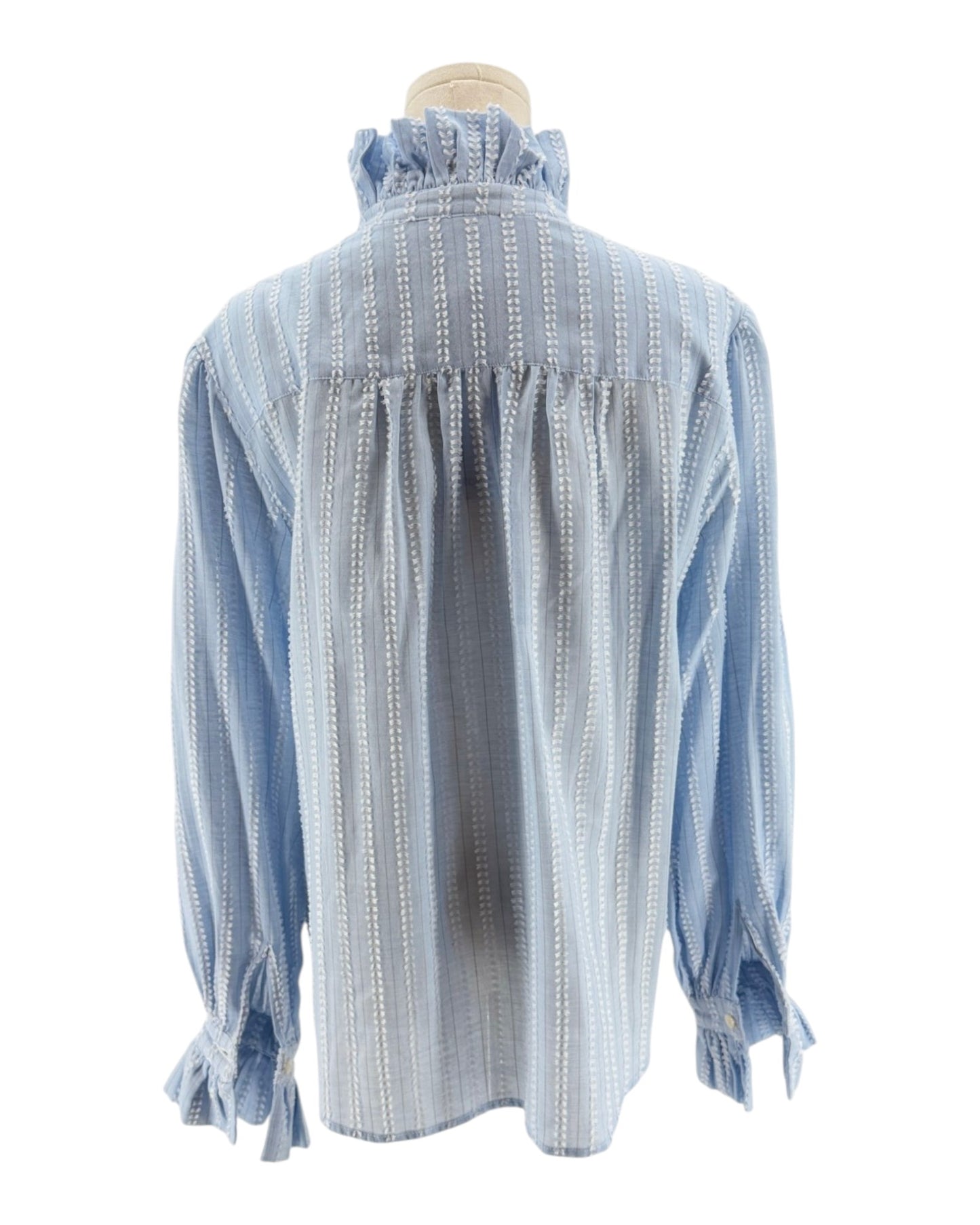 Blue and white checkered blouse on a mannequin against a white background