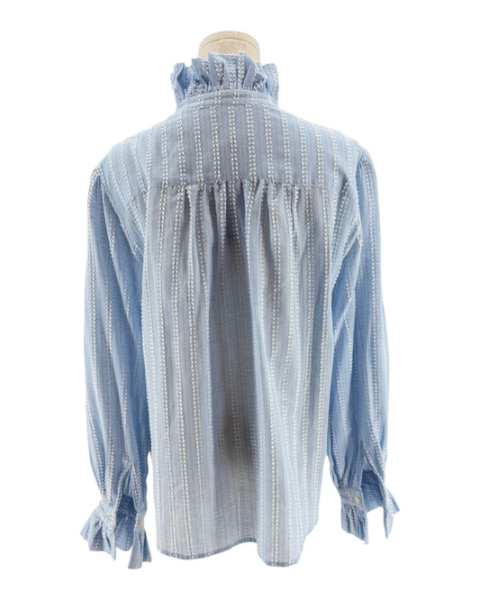 Blue and white checkered blouse on a mannequin against a white background