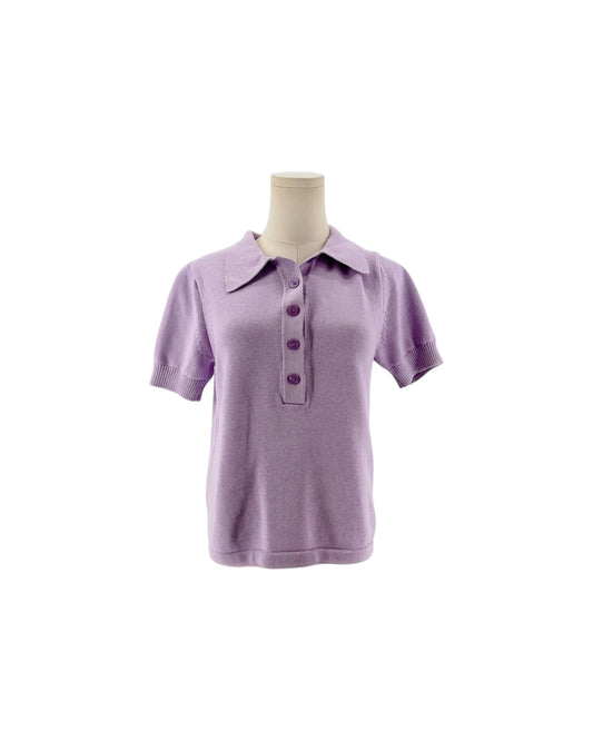 Purple Short sleeve puff sleeves, collar polo design, six button placket detail sweater on a white background on a mannequin