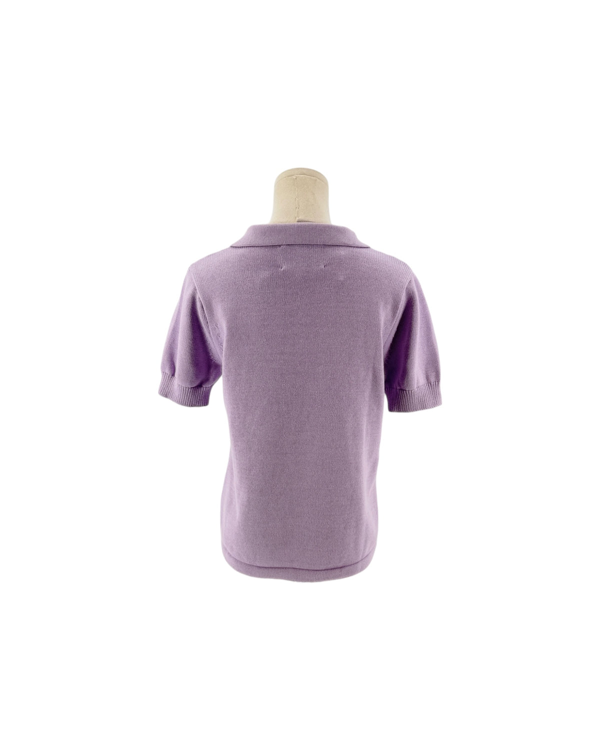 Purple Short sleeve puff sleeves, collar polo design, six button placket detail sweater on a white background on a mannequin