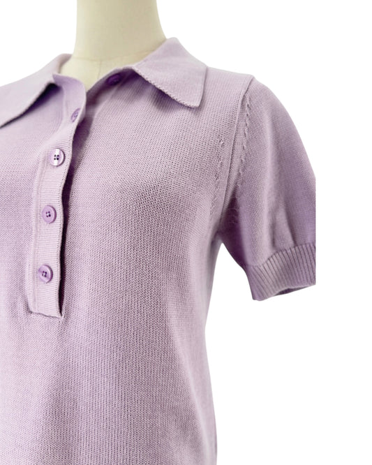Purple Short sleeve puff sleeves, collar polo design, six button placket detail sweater on a white background on a mannequin