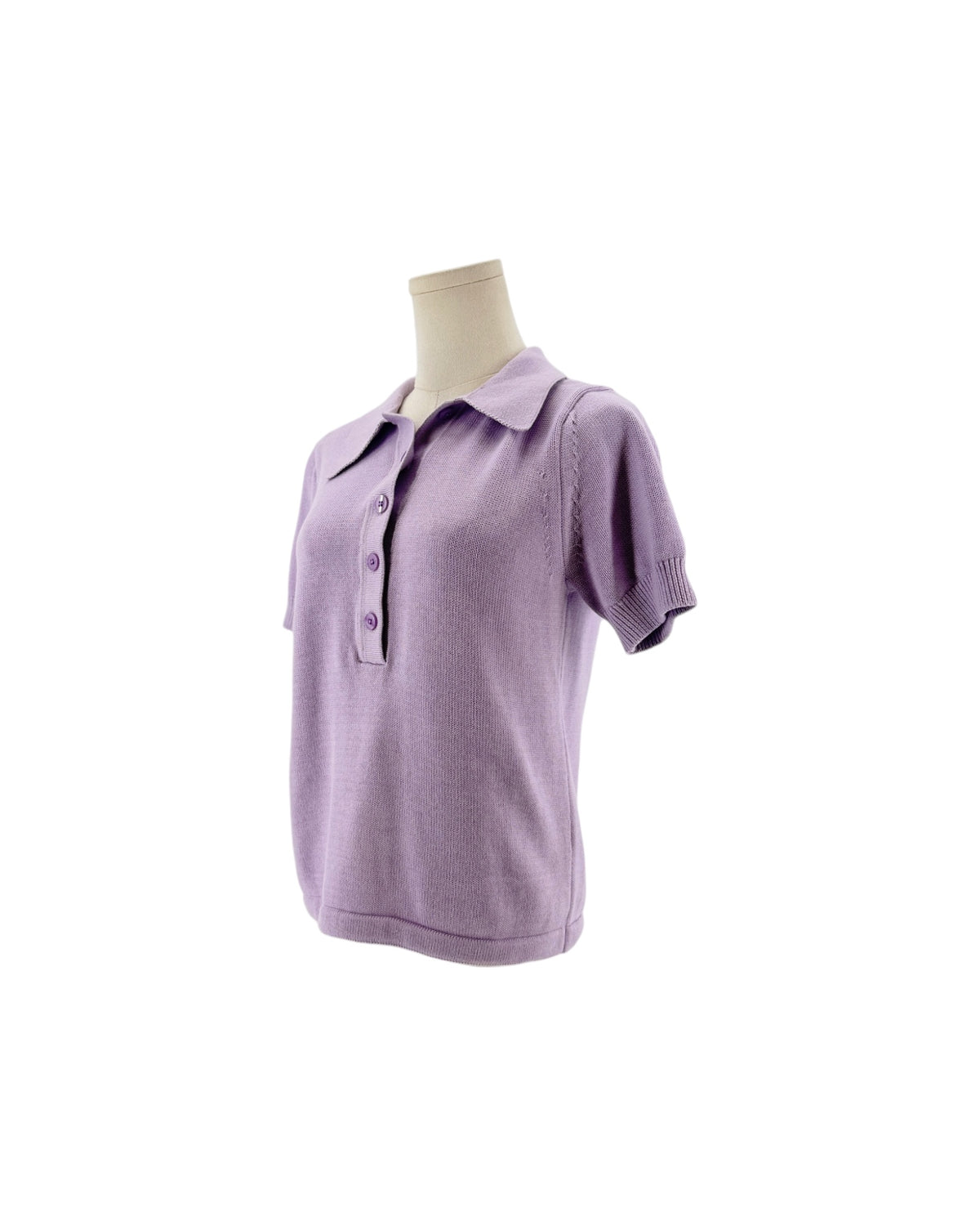 Purple Short sleeve puff sleeves, collar polo design, six button placket detail sweater on a white background on a mannequin