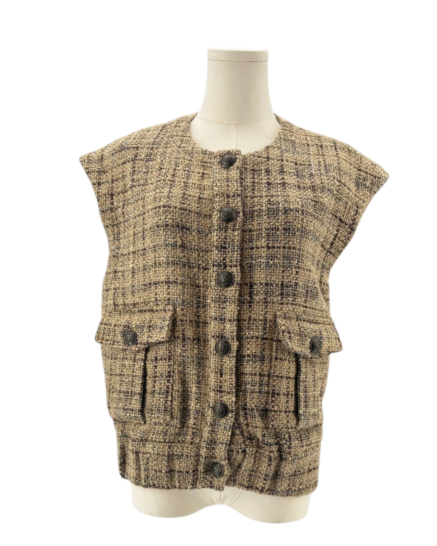 TL'AGENCE tweed textured vest on a mannequin against a white background
