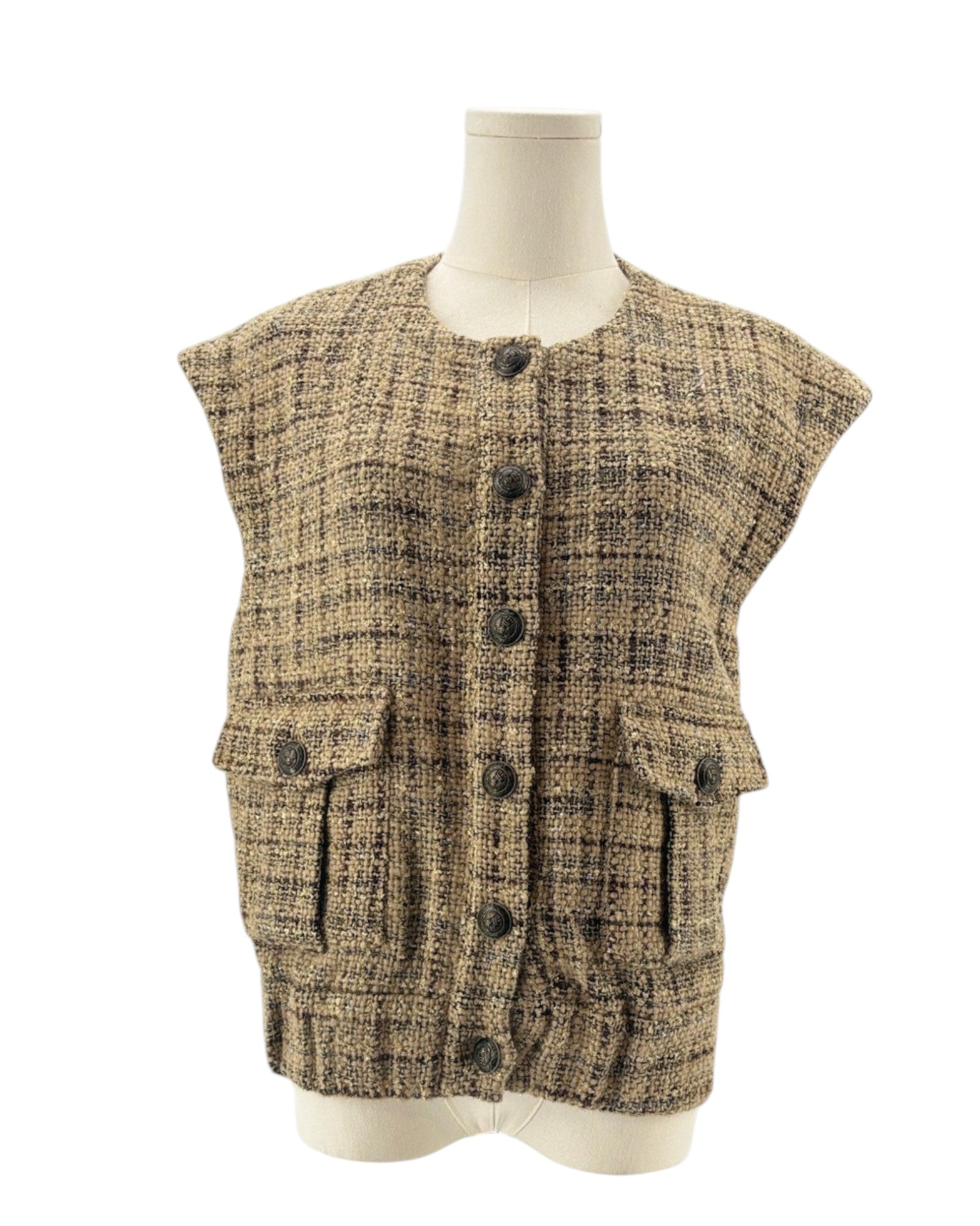 TL'AGENCE tweed textured vest on a mannequin against a white background
