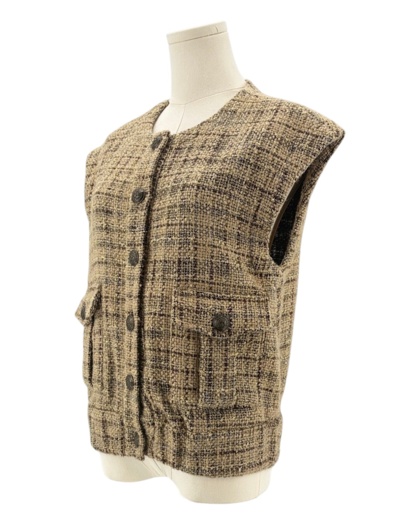 TL'AGENCE tweed textured vest on a mannequin against a white background