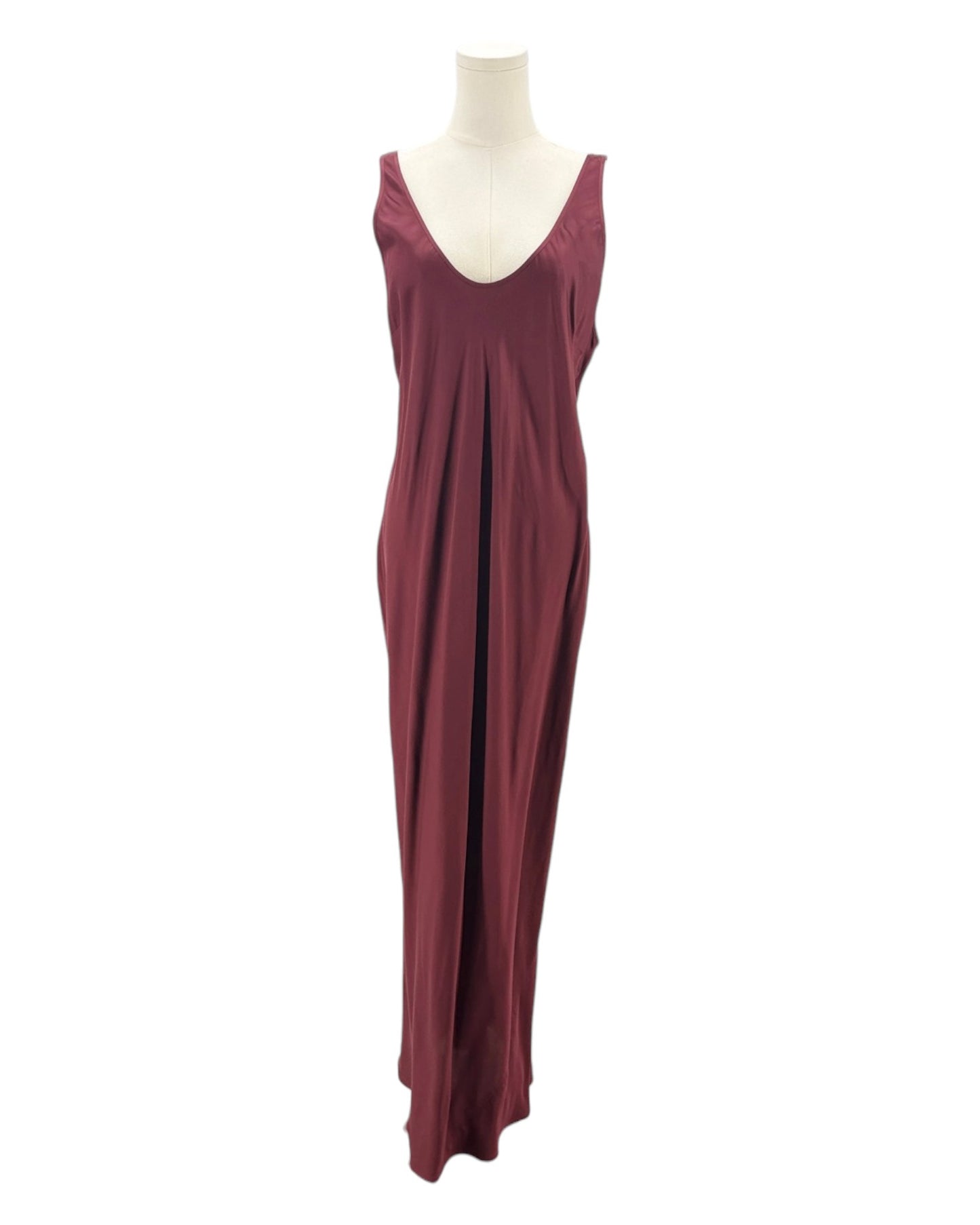 Maroon sleeveless dress on a mannequin against a white background