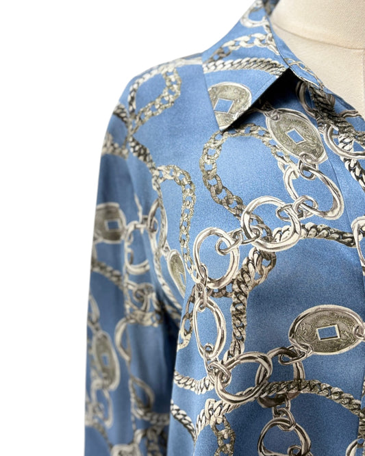 Blue shirt with chain and lock pattern on a white background
