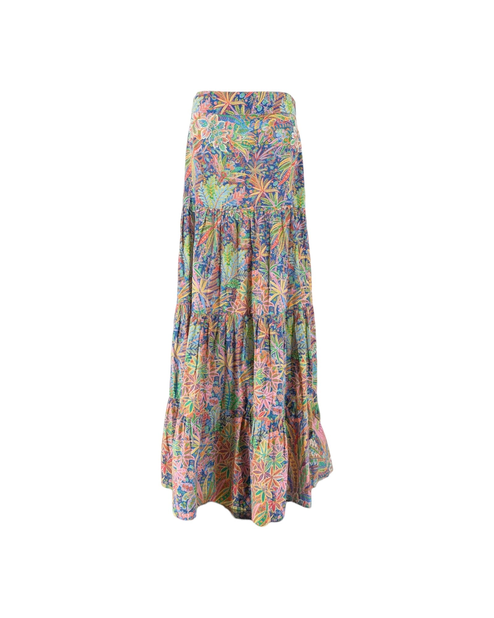 A tiered maxi skirt with a vibrant, multicolor tropical floral and palm leaf print, shown against a plain white background.