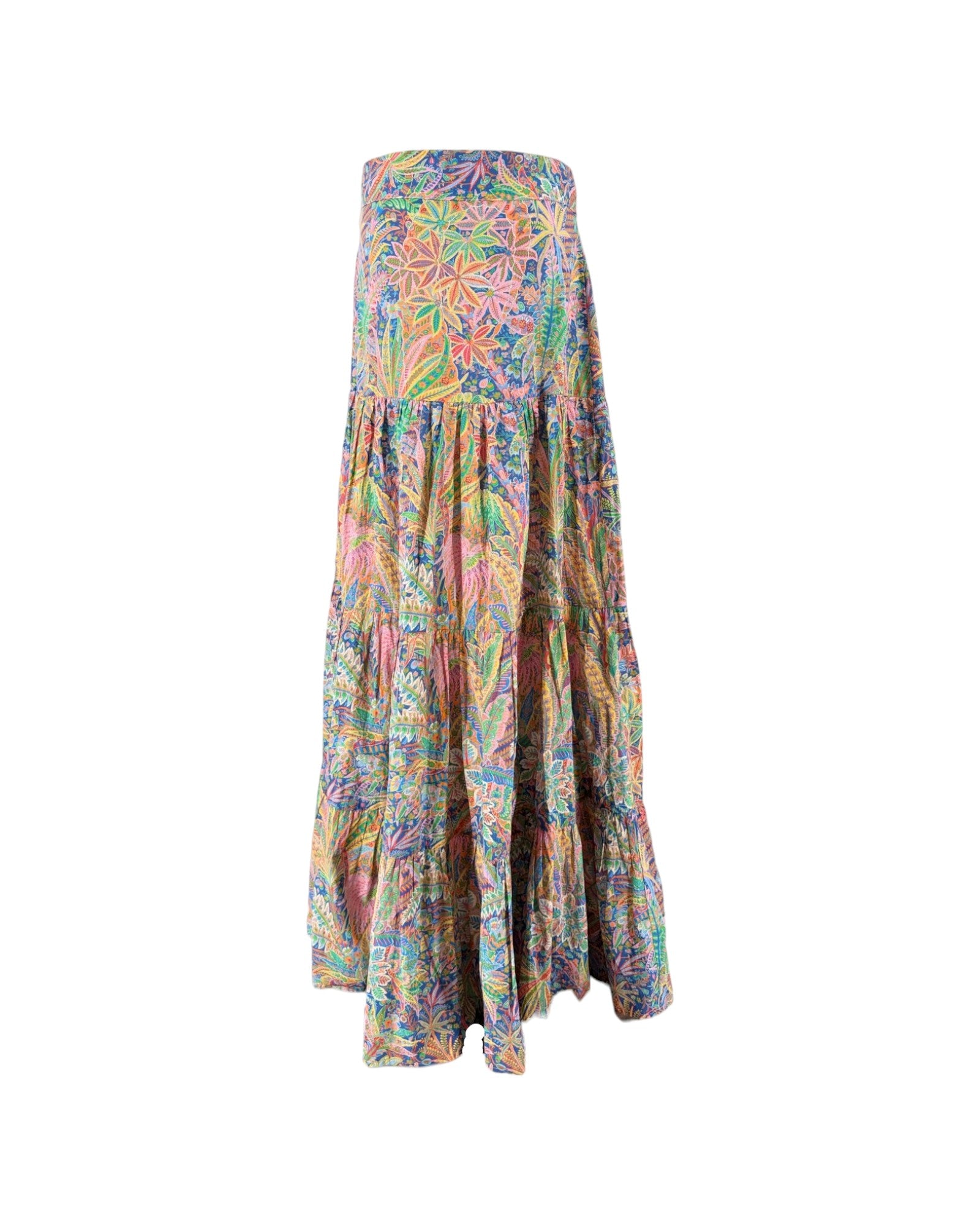 A tiered maxi skirt with a vibrant, multicolor tropical floral print, displayed on a clean white background.