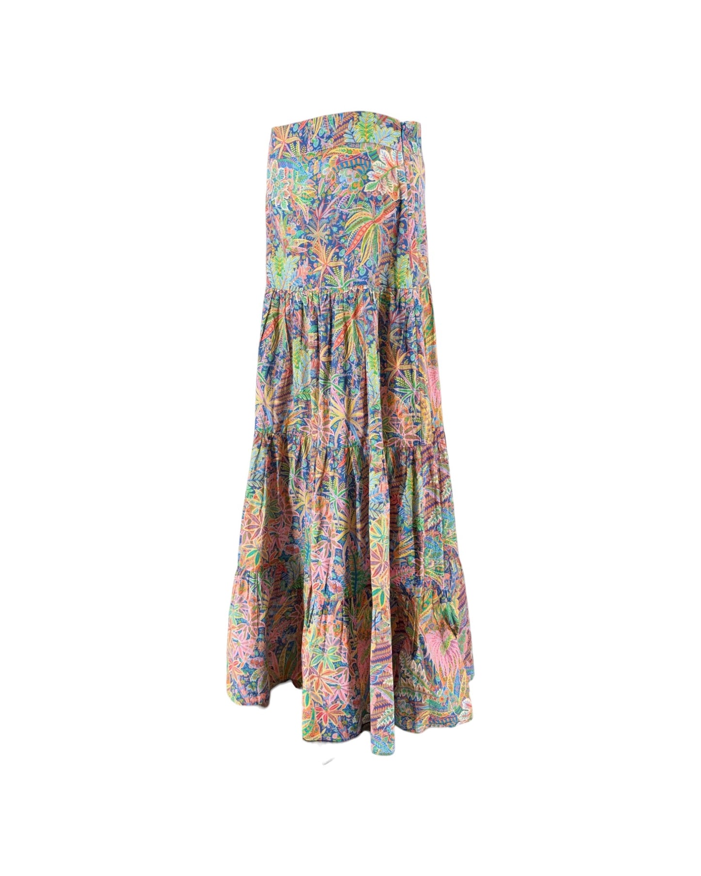 A strapless tiered maxi dress with a vibrant multicolor tropical floral print, displayed on a plain white background.