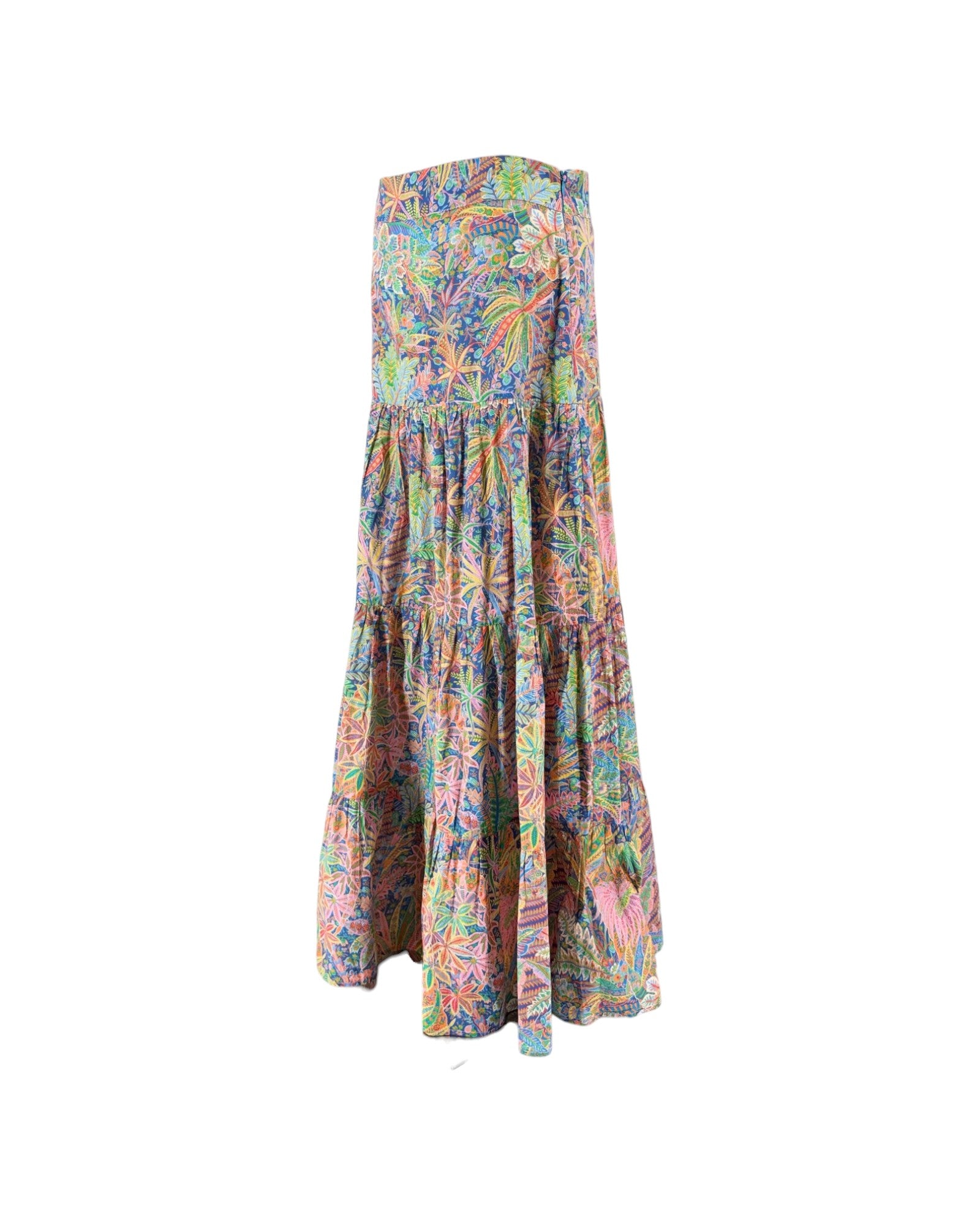 A strapless tiered maxi dress with a vibrant multicolor tropical floral print, displayed on a plain white background.