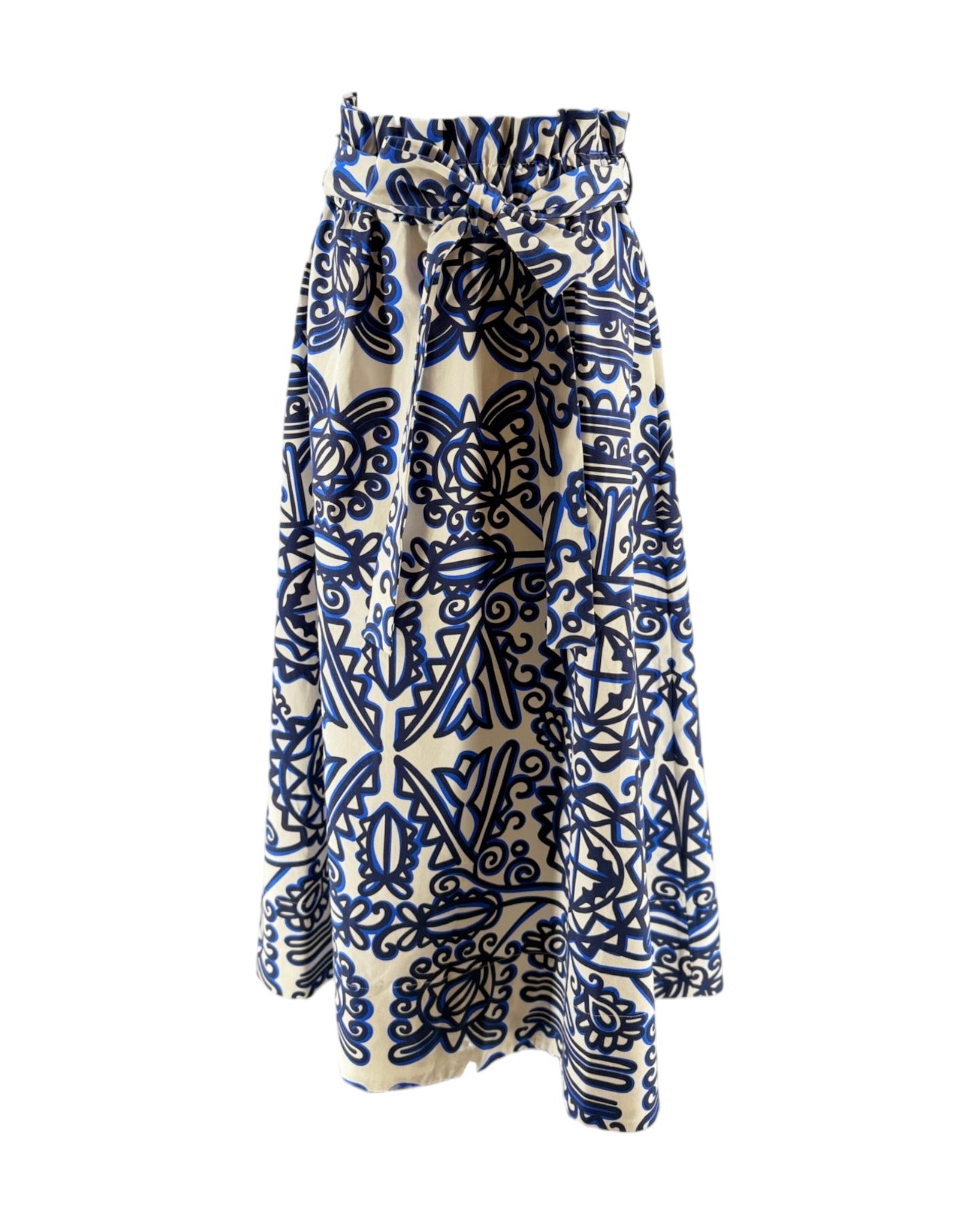Long skirt with blue and white pattern on a white background