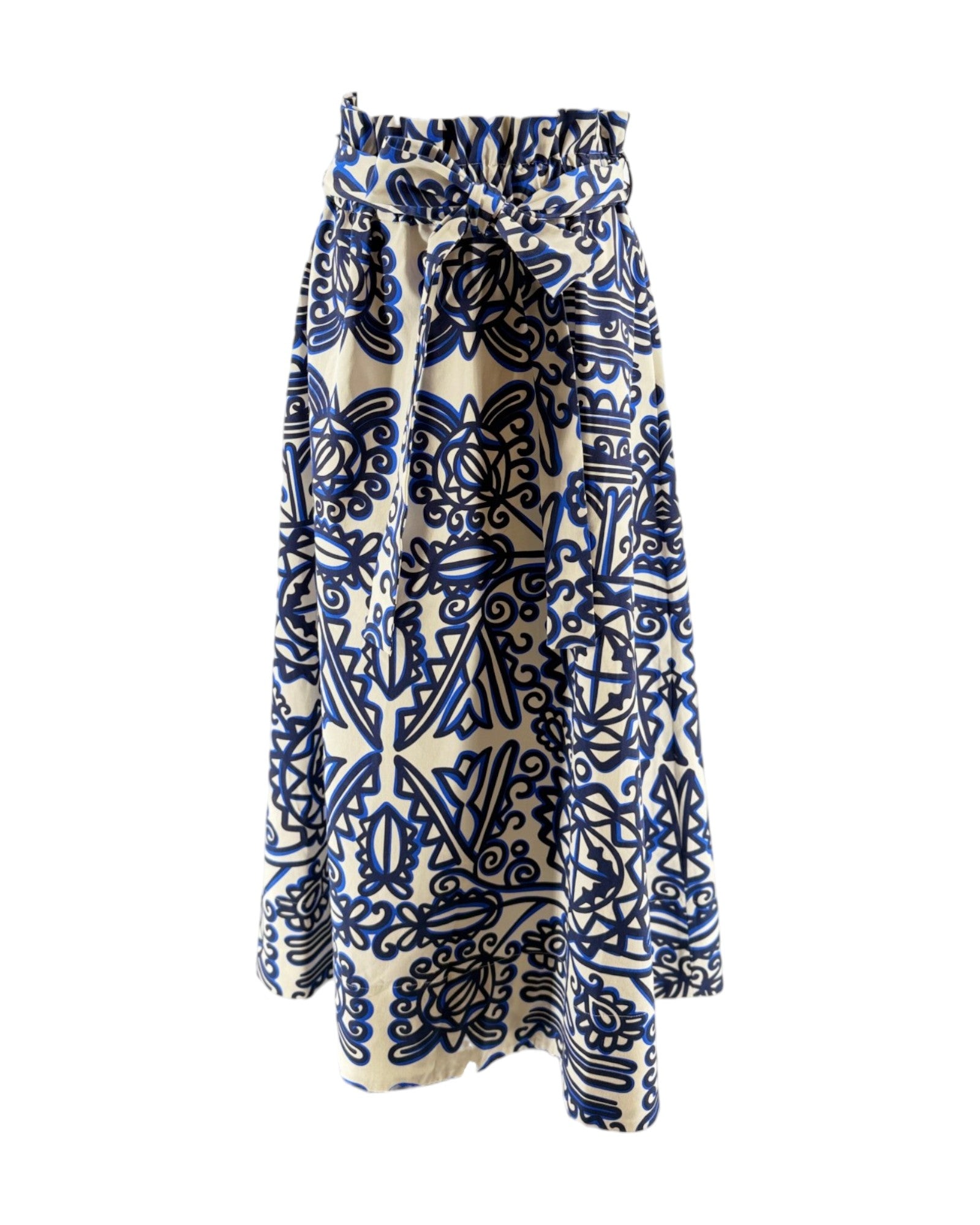 Long skirt with blue and white pattern on a white background