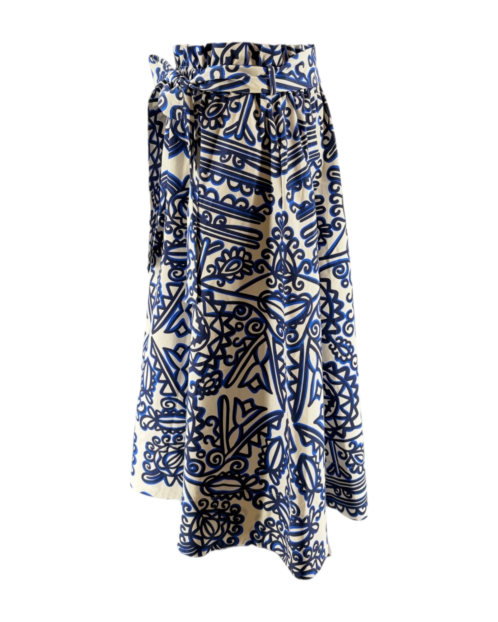 Blue and white patterned skirt on a white background