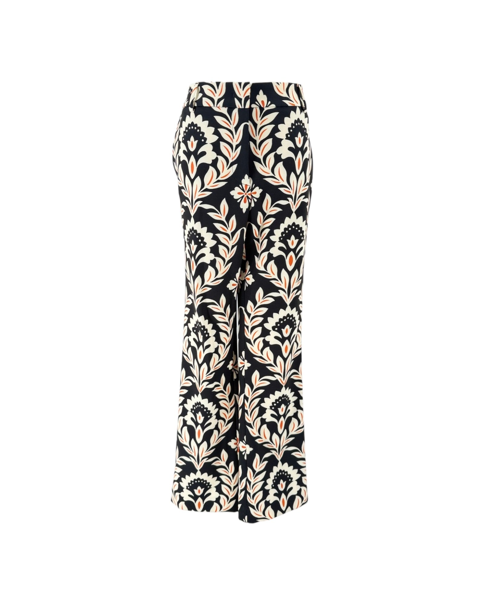 A pair of wide-leg trousers featuring a black base with a beige and cream botanical damask pattern, shown against a plain white background.